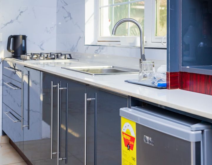 Kitchen counter, sink and gas hob