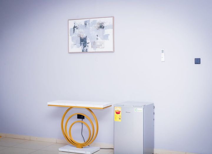 Room with console table, fridge and air conditioning